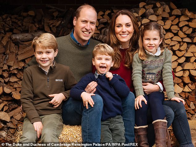 Prince William and Princess Kate pictured with their three children, Prince George (left), Princess Charlotte (right) and Prince Louis (centre) at Anmer Hall in Norfolk for their 2020 Christmas card