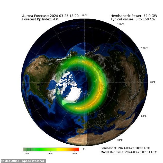 The Met Office predicts that the Northern Lights will be visible over Scotland and Northern Ireland, but could extend into southern England and Wales.