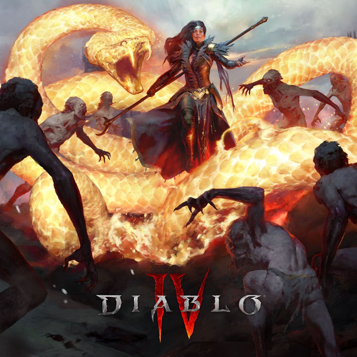 A painting of a Diablo 4 wizard summoning a huge fiery serpent to consume enemies