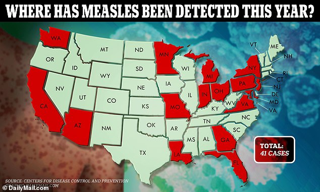 The map above shows the states that have detected measles cases so far this year