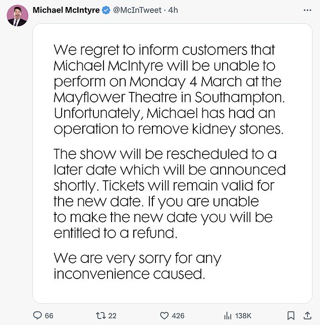 A member of Michael's team revealed that he had gone for surgery to remove kidney stones and apologized for any inconvenience caused to fans.  Kidney stones occur in more than one in ten people, usually between the ages of 30 and 60, and are caused by waste products in the blood-forming crystals.  Over time, the crystals build up and form a hard, stone-like clump