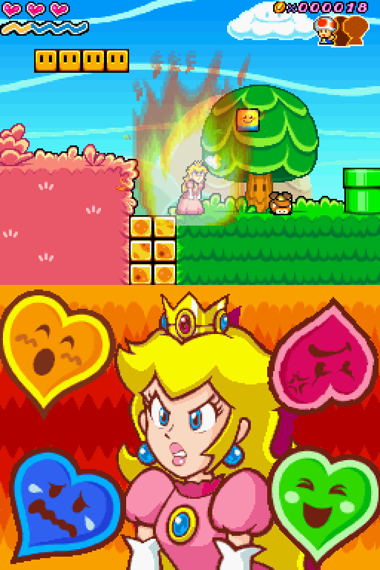 A screenshot of Super Princess Peach, in which she uses her Rage Vibe powers to burn a Goomba