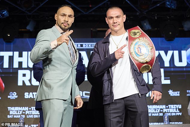 Thurman (pictured left with Tszyu when their fight was announced in February) reportedly tore his biceps muscle during training