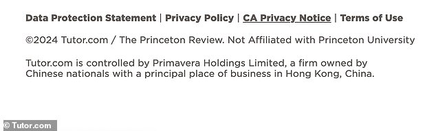 At the bottom of the Tutor.com website is a disclosure that the company is owned by Chinese nationals who work for Primavera Holdings Limited, a company based in Hong Kong, China