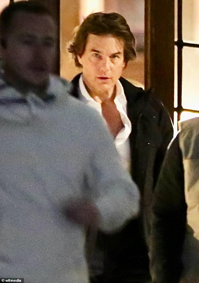 Tom Cruise was seen jumping and running through London's National History Museum on Monday night while filming Mission Impossible 8