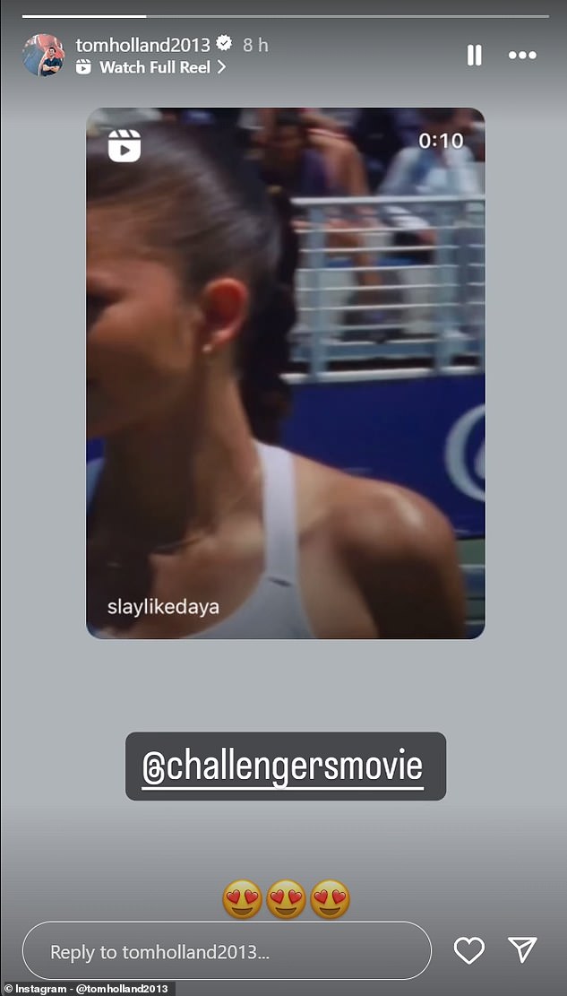 The Spider-Man actor, 27, reposted a Reel from Zendaya fan page @slaylikedaya featuring behind-the-scenes footage of Zendaya, also 27, from her new film Challenger