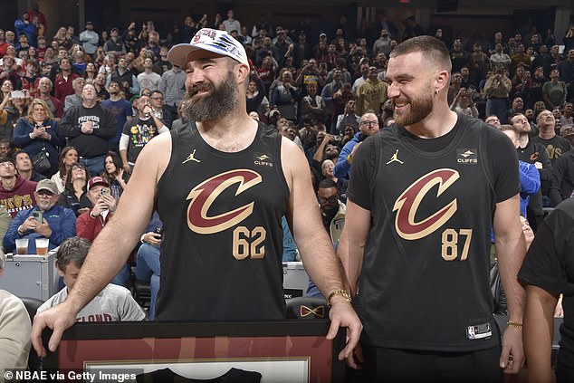 Jason Kelce and Travis Kelce are honored during the Cavs-Celtics game