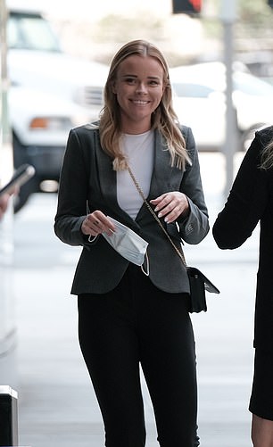 Bauer's accuser, Lindsey Hill, pictured in August 2021 before a hearing in her case against the pitcher