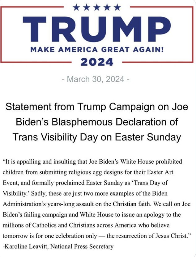 Trump's press secretary, Karoline Leavitt, has scathingly criticized Biden's Easter plans, labeling them 