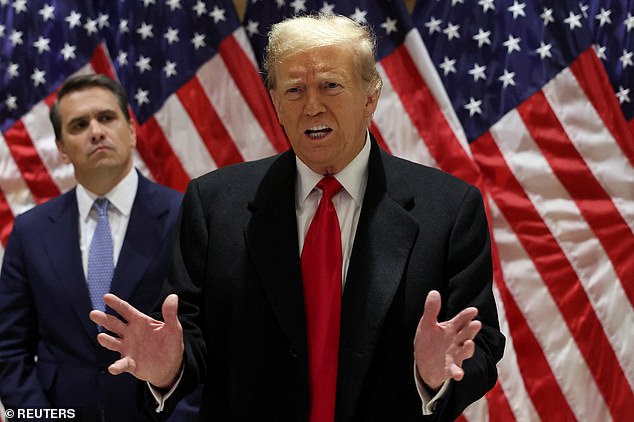 Republican presidential candidate and former US President Donald Trump speaks during a press conference