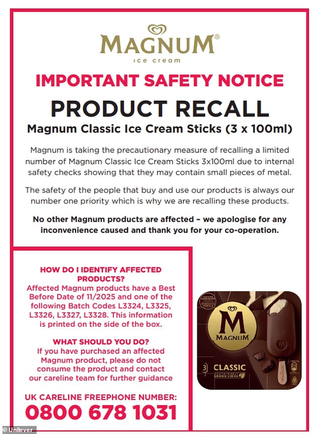 The product recall notice issued by the FSA on behalf of Unilever