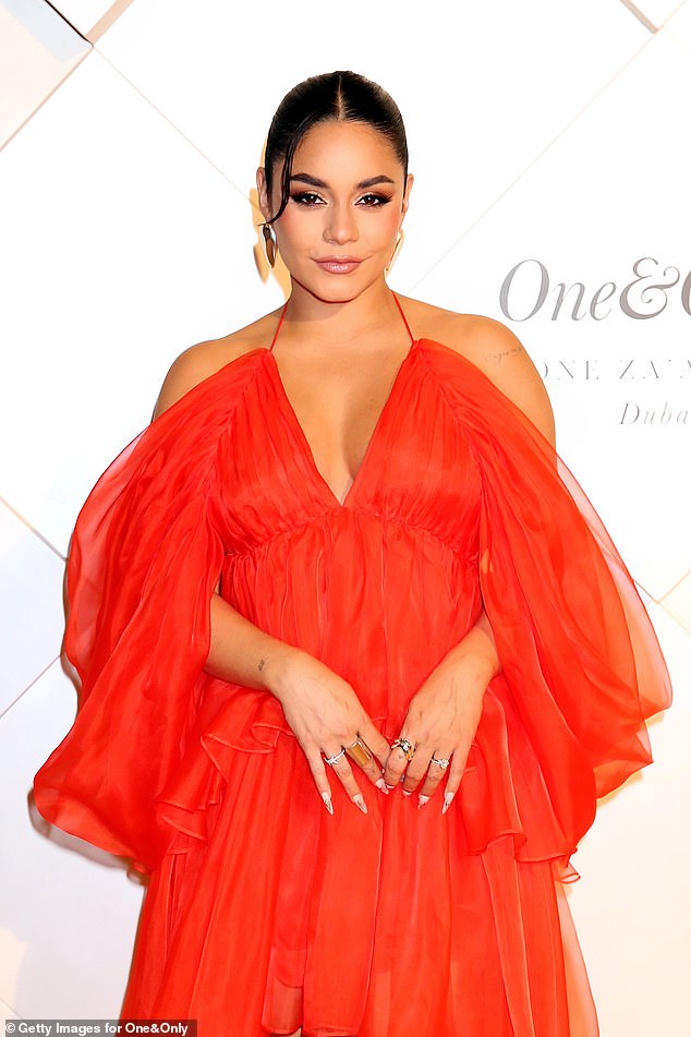 Vanessa Hudgens revealed that 'rude' pregnancy speculation from fans after her 2023 bachelorette party made her feel 'fat';  seen on February 10 in Dubai