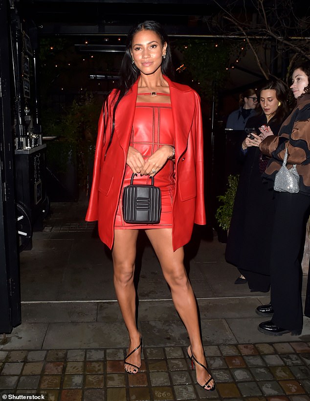Vick Hope turns heads in a sexy red leather dress and blazer as she leads the glamor at the British GQ and Louboutin dinner at Chiltern Firehouse on Thursday