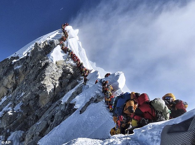 A long line of mountain climbers, caused by overcrowding, lined a trail on Mount Everest in 2019