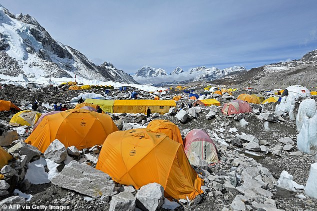 Officials are concerned that the base camp (pictured), located 5,000 meters high on the Himalayan mountain, is becoming too crowded amid a surge in visitors