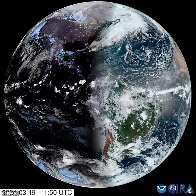 Spring officially started on Wednesday, March 20 at 3:06 AM GMT (Tuesday, March 19 at 11:06 PM EDT).  This still from the video shows how the sun shines directly over the equator and is almost the same length during the day and at night all over the world