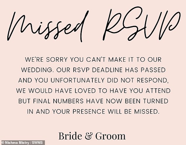 The 39-year-old, who has been married for 14 years, runs the Asian Bride Sorority and constantly heard complaints from brides who were irritated by guests who had not let them know if they were attending their wedding.