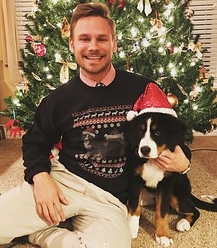 Evan White, from Dallas and the eldest of three children, was diagnosed with stage three colon cancer at the age of 24 after going to the hospital to have an abscess removed from his tonsils.  He is pictured above at Christmas with his then puppy, a Bernese Mountain Dog named Lola