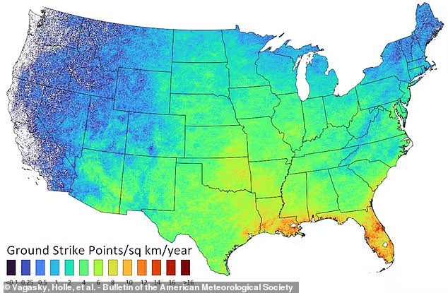 The frequency of lightning strikes per year, averaged over six years, shows the most activity along the Gulf Coast