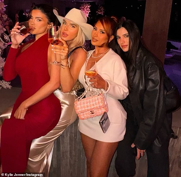 Kylie Jenner is certainly a popular lady.  Last week, she was surrounded by her close friends at the launch party of her debut fragrance Cosmic in Los Angeles, California.  The 26-year-old was spotted having a nice chat with the beautiful ladies in photos shared on Instagram.  Do you know who they are?