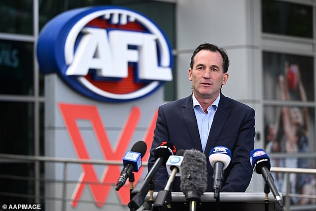 AFL boss Andrew Dillon is pictured addressing the media on Wednesday after the league was rocked by allegations in Parliament