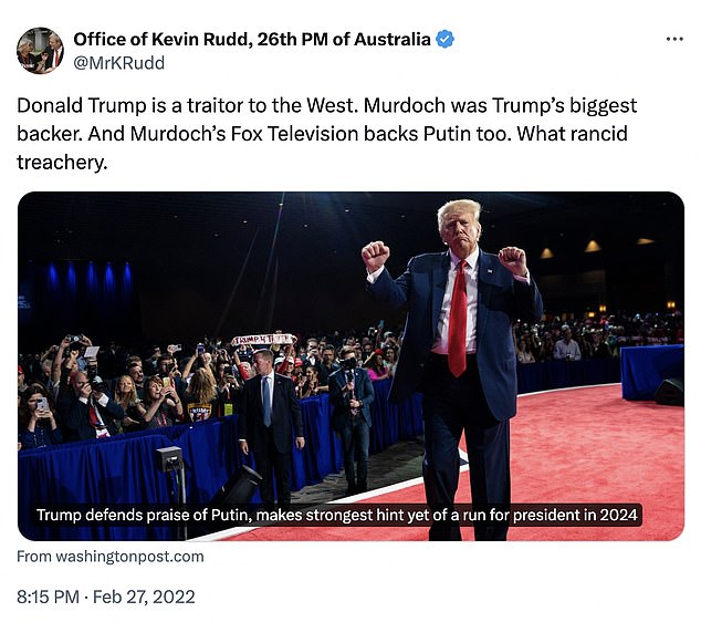 Rudd, who launched a war against News Corp in 2020, has previously criticized Trump in a series of tweets (one photo)