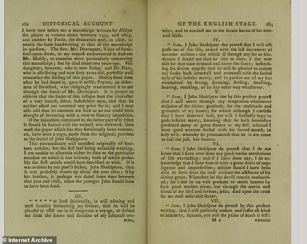 Professor Steggle's research focused on a crucial document known as the 'Spiritual Testament', which has unfortunately now been lost.  But this image shows a transcription of the crucial passage from the Spiritual Testament, printed in 1790. Note that the writer calls himself 'John' rather than Joan - the academic thinks this was a mistake while transcribing