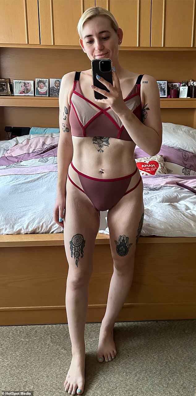 Alexandra Ulverich, 32, lost almost a third of her body weight after receiving a cruel comment from a man on Tinder (pictured as a size 6 after weight loss)