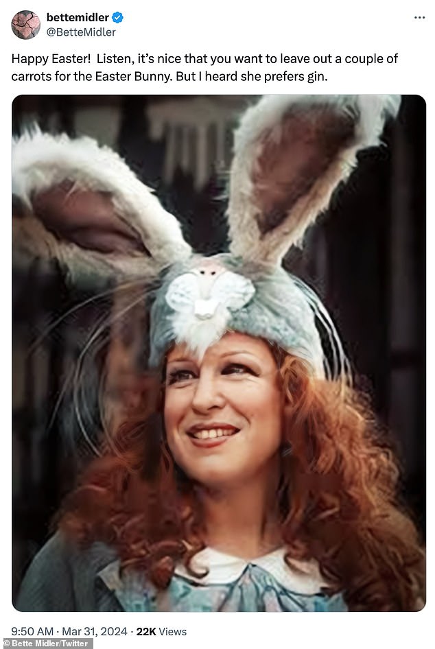 To include her followers, she wrote: 'Happy Easter!  Listen, how nice that you want to leave out a few carrots for the Easter Bunny.  But I heard she prefers gin'