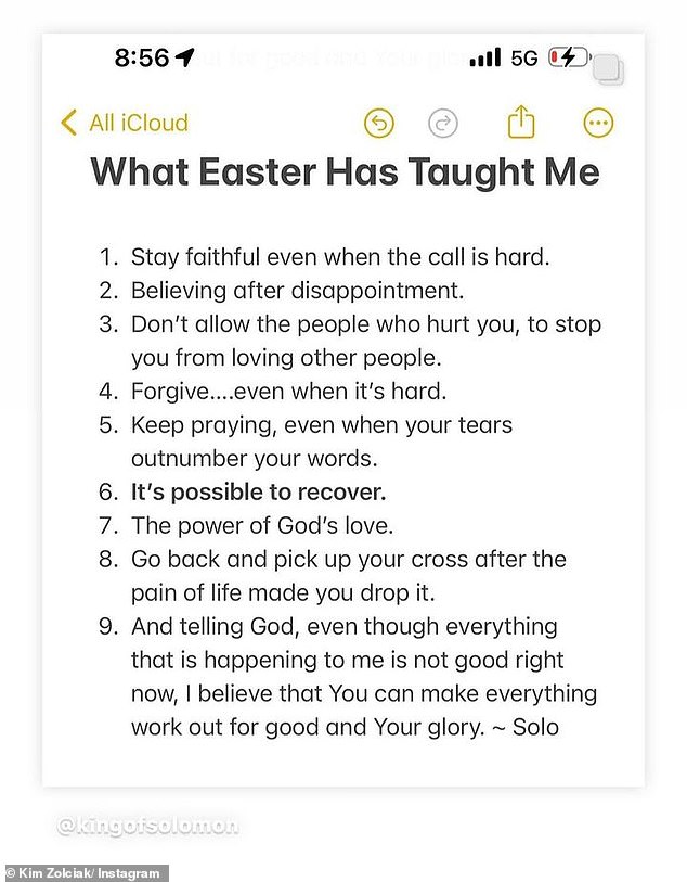 Instead of writing a post about the Christian holiday himself, Zolciak reposted Solomon Jordan's Notes app post about nine things Easter has taught him, including: 