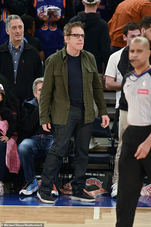 Stiller, 58, looked great as he wore dark jeans, a dark shirt and an olive green shirt jacket