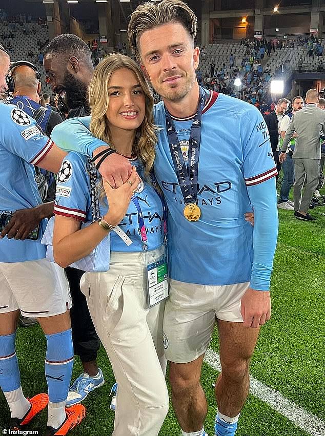 Jack Grealish on the pitch with his girlfriend Sasha Attwood