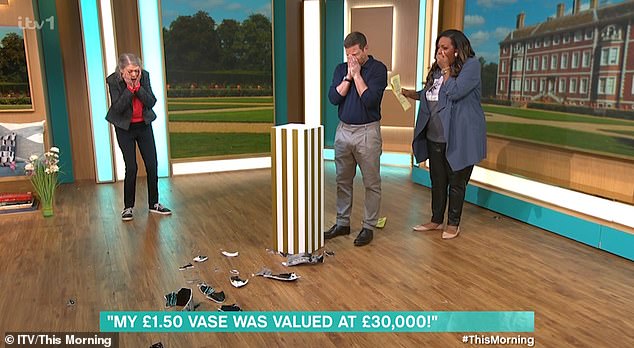 Dermot then pretended to fall into the vase, causing the pot to fall to the floor and Alison to be in total shock at his blunder.