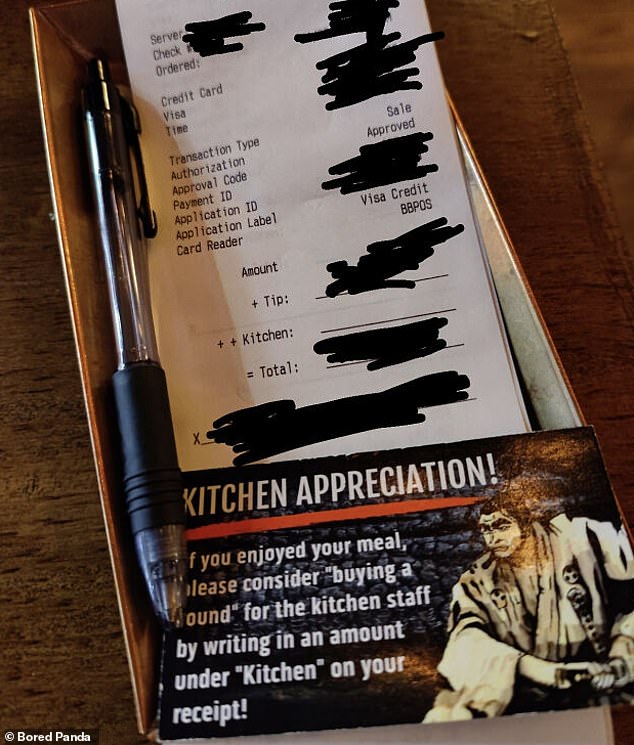 A New York restaurant asked customers for a tip, as well as a 'kitchen tip' if they enjoyed their meal