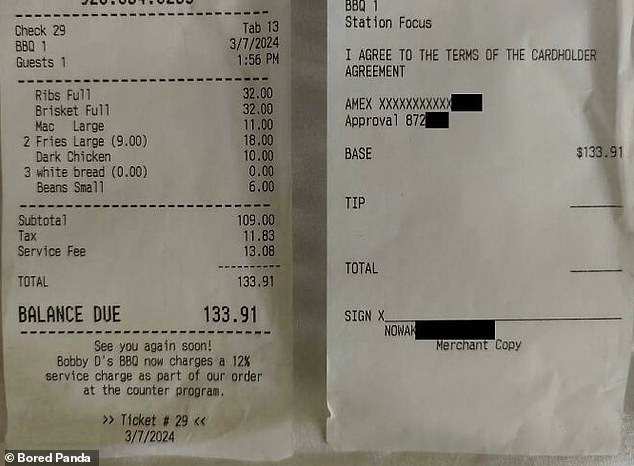 Elsewhere at a BBQ restaurant, in Arizona, where you take a seat, pour your own drinks, order at the counter and pay 12 percent, you are still asked for a staff tip on the bill