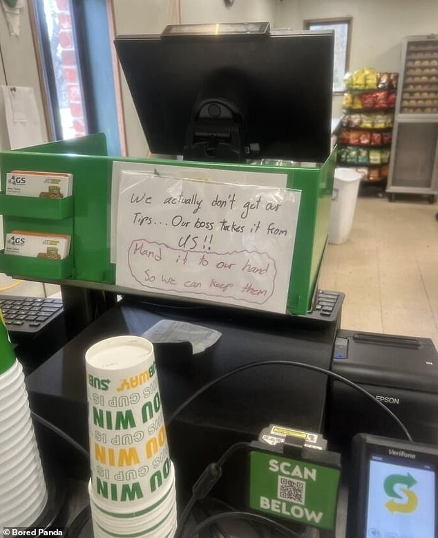 People were stunned to see Subway workers making a sign asking customers to put their tips in their hands, otherwise their boss will take them