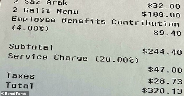 A customer in the US was stunned when she saw she had to pay an 'employee benefits contribution' on her receipt