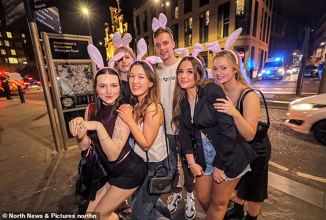 A group of friends headed out on the town in Newcastle with Easter bunny ears as they made the most of their last night out before heading to work tomorrow