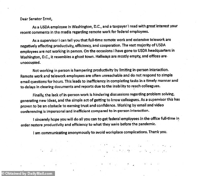 A current U.S. Department of Agriculture (USDA) whistleblower wrote to Sen. Joni Ernst, R-Iowa, late last year, according to a copy of the correspondence obtained exclusively by DailyMail.com.