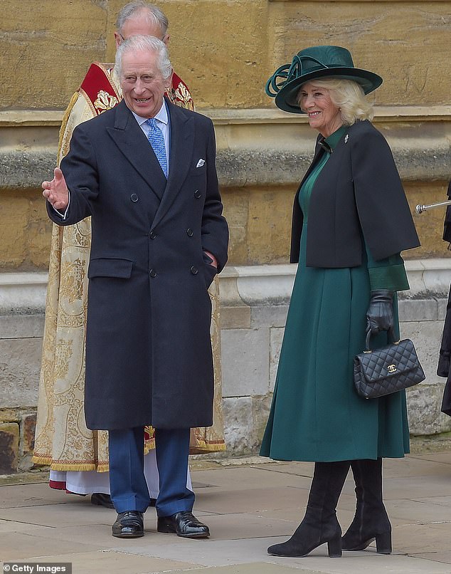 The king appeared happy and healthy as he stepped out with Camilla for the Easter service