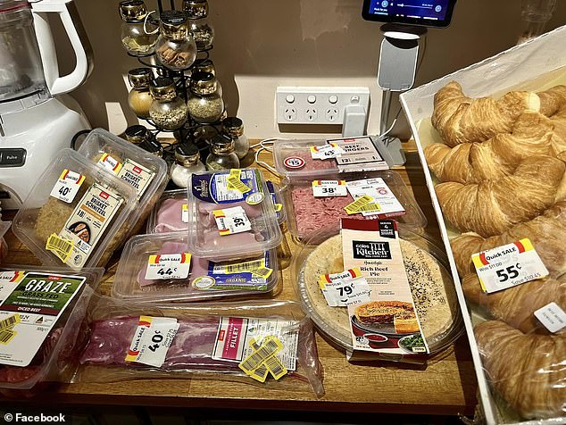 The groceries include chicken schnitzel, diced beef, ground beef, spicy chicken wings, Lilydale chicken, diced chicken breast, beef pie and a huge tray of croissants