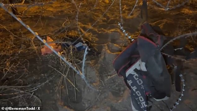 Clothing and other articles of clothing are trapped in dangerous barbed wire that migrants walk through to reach the border wall and illegally enter the US