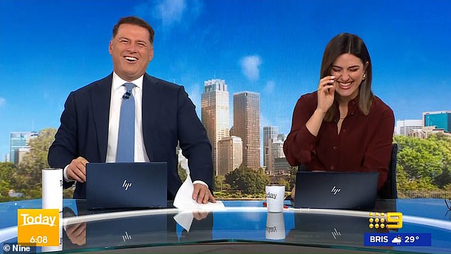 Hosts Sarah Abo, 37, (right) and Karl Stefanovic, 49, (left) were left cringing and laughing in embarrassment over the awkward moment