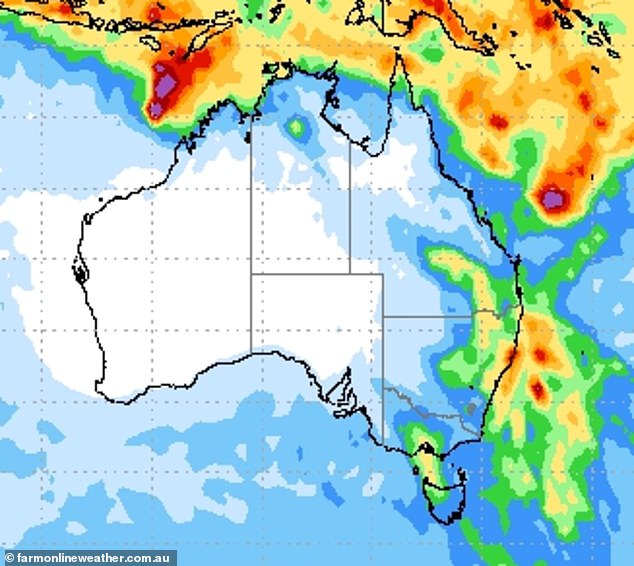 An aggregated rainfall map for this week shows heavy rain likely in Sydney and Brisbane, while showers will taper off in Melbourne early in the week