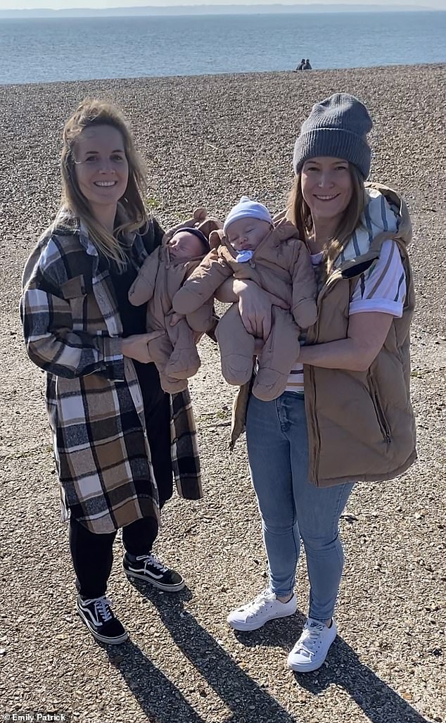 Meet Elvis, 10 weeks, and his 11-day-old brother Ezra, who, along with their mothers Emily Patrick (right) and Kerry Osborn (left), made British history