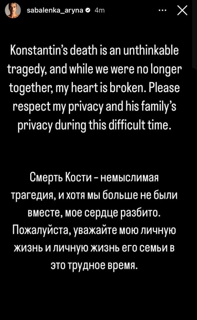 Sabalenka revealed last month that their relationship had already ended, declaring her 'heart broken' after the 'unthinkable tragedy'