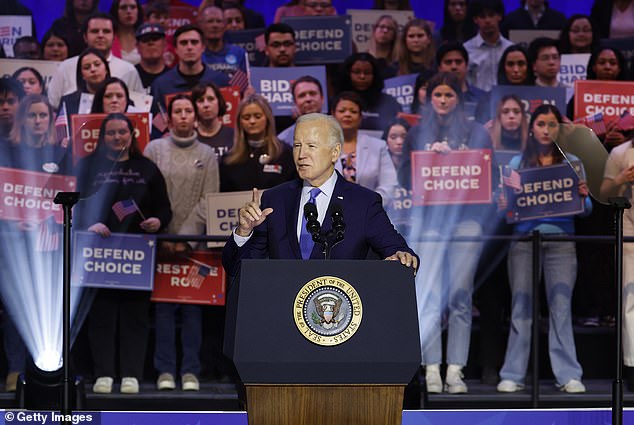 Biden speaks at a 'Reproductive Freedom Campaign Rally' in January.  He called the Florida Supreme Court's decision to uphold an abortion law in the state 'outrageous'