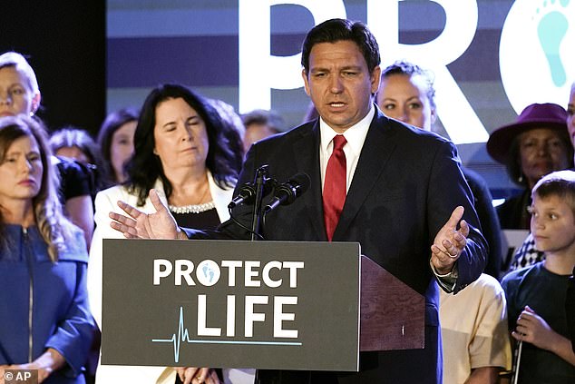 Florida Governor Ron DeSantis spoke to supporters before signing Florida's 15-week abortion ban into law in 2022.  In April 2023, he also signed a six-week abortion ban.