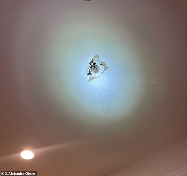 Alejandro Otero said the object almost hit his son when it fell through the ceiling (photo).  Otero said his son called him while he was on vacation after hearing a 