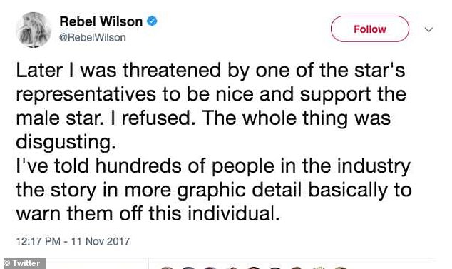 Rebel Wilson tweeted about the incident in 2017, but did not mention Cohen.  Wilson wrote: “A male star in a position of power asked me to go into a room with him and then repeatedly asked me to stick my finger up his ass.  While his male 'friends' tried to film the incident on their iPhone and laughed.